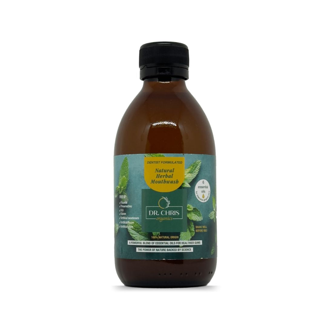 250ml glass bottle of Herbal Mouthwash by Dr. Chris Organics, featuring a sleek design and natural herbal ingredients